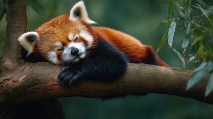 Red panda peacefully resting on a tree branch in a misty atmosphere during a tranquil morning