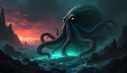 Naklejka premium Kraken's Sunset Reign: A Digital Painting of a Gigantic Octopus at Dusk