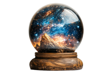 Cosmic snow globe with a universe scene inside