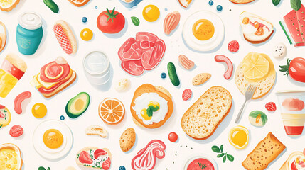Breakfast healthy food meal icons seamless pattern background drinks flat design bread egg lunch healthy meat menu restaurant vector illustration.