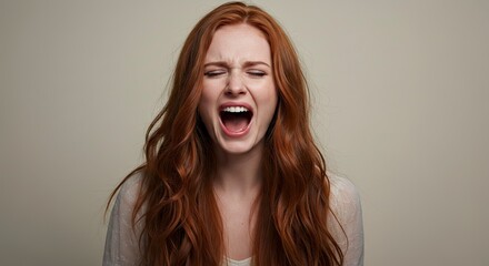 Redhead Woman Screaming with Frustration and Anger in Studio Setting