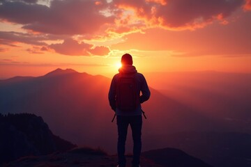 A silhouette of a traveler standing on a mountain peak gazing at sunset