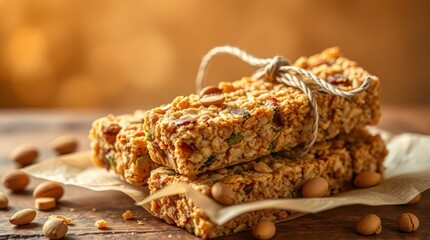 Stacked cereal bars tied with twine on rustic wood. Healthy snack or breakfast food concept. Top view.