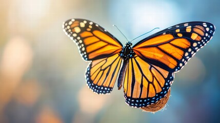 Fototapeta premium Monarch's Majestic Dance: A monarch butterfly, resplendent in its vibrant orange and black wings, takes flight against a soft, blurred backdrop.