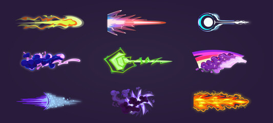 Obraz premium 2D game vfx gun effect. Space weapon visual effects, magic spells, plasma energy shot, fireball, blaster, laser shot, light beams. Comic or cartoon style art. Vector set of colorful animation effects.