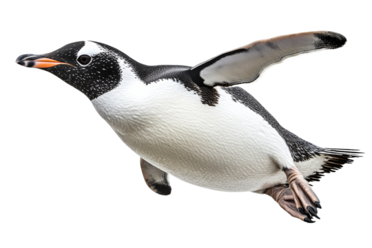 Gentoo penguin gliding in a clear blue sky