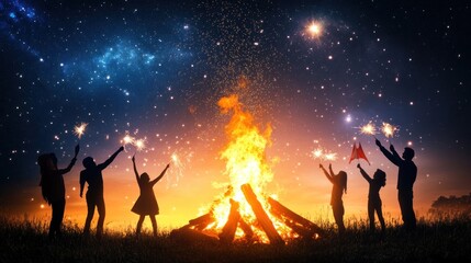 Silhouetted figures celebrate around a bonfire under a starry night sky