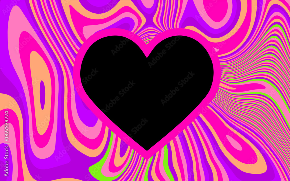 Poster Psychedelic abstract background with swirling patterns. A bold black heart outlined in bright pink is centered, creating a striking focal point.