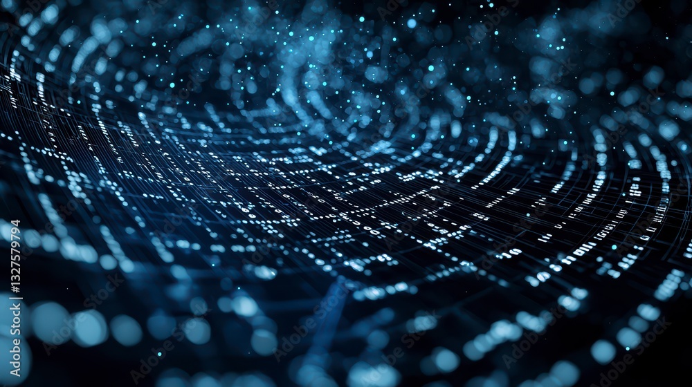 Poster digital network: abstract representation of a vast, intricate digital network, with glowing dots and