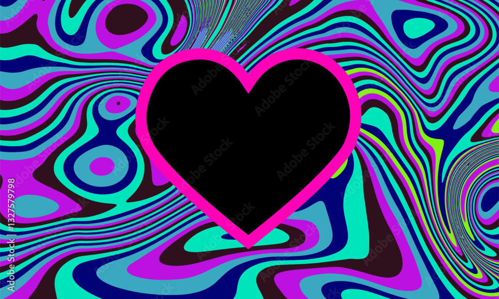 Poster psychedelic abstract background with swirling patterns in blue, purple, and green. a bold black hear