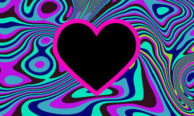 Psychedelic abstract background with swirling patterns in blue, purple, and green. A bold black heart outlined in bright pink is centered, creating a striking focal point. © local_doctor