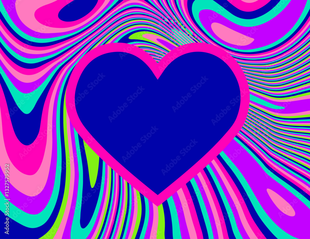 Poster Psychedelic abstract background with swirling patterns. A bold black heart outlined in bright pink is centered, creating a striking focal point.