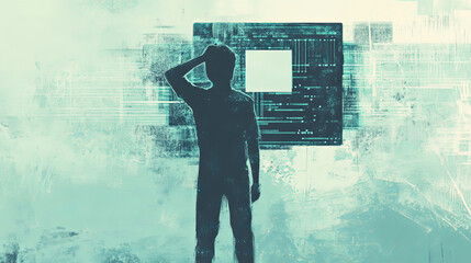 Modern digital technology system work error, tiny character hold head, software problem flat vector illustration, isolated on white.