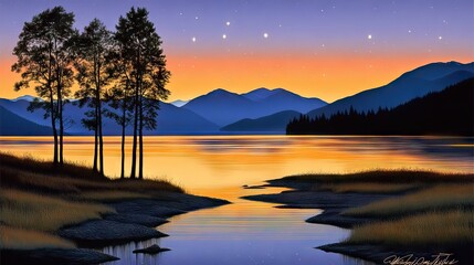Serene mountain lake sunset