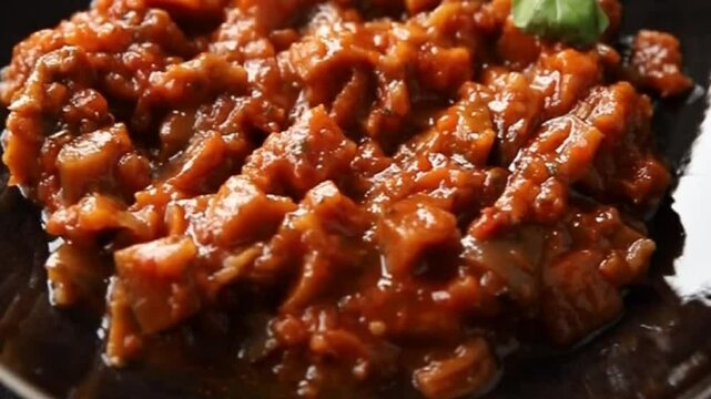 Eggplant stew dish vegetables salad tasty fresh delicious gourmet food background on table rustic food top view copy space keto and paleo diet vegetarian and vegan food