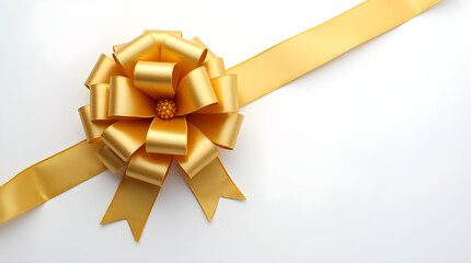 Elegant Shiny Gold Ribbon Bow - Decorative Gift Wrapping on White Background for Holiday Christmas Birthday Wedding Anniversary Party Special Events Occasions and Presents