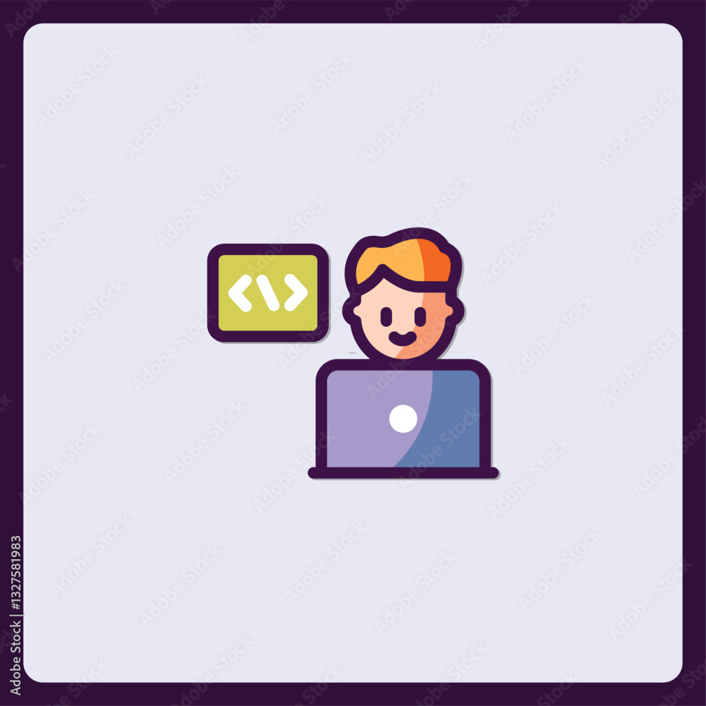 Poster illustrated programmer coding with laptop and code symbol interface design