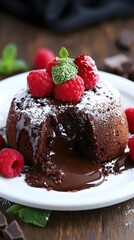 Decadent Chocolate Lava Cake: A luscious chocolate lava cake, crowned with fresh raspberries and a sprig of mint, exudes irresistible charm. The molten chocolate center spills out invitingly.