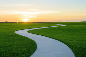 Naklejka premium Serene winding path through lush green grass at sunset in a tranquil landscape