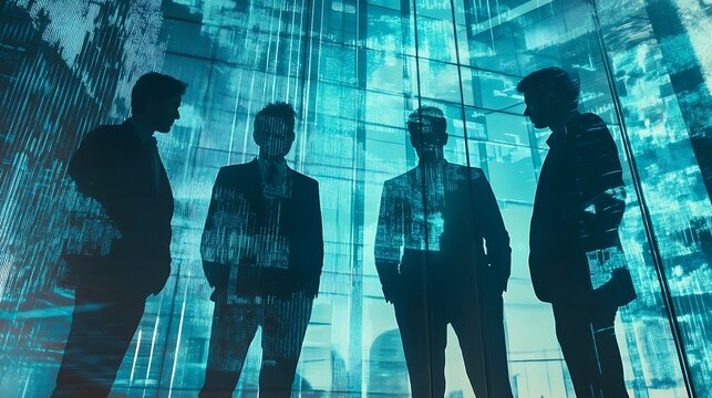 Businessmen meet outside building with code overlay