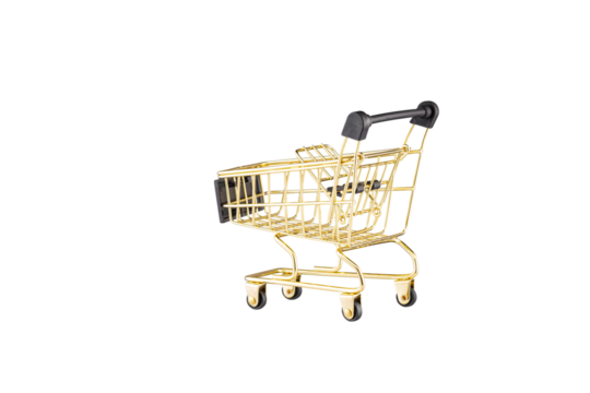 shopping trolley side view gold, yellow and black color cart on isolated white background close up