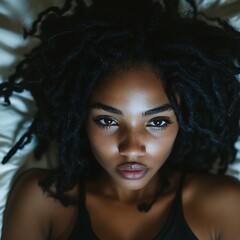 Fototapeta premium Portrait of Woman on Bed. Looking at camera, indoor use