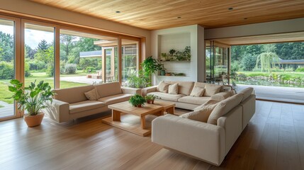 A modern living room with a soft beige sofa set and a natural wood coffee table