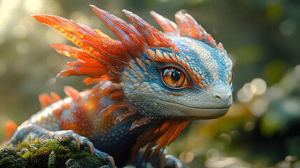 A vibrant, mythical creature with colorful scales and striking eyes perched on mossy foliage, surrounded by a lush forest