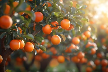 Tree full of oranges hanging from its branches. The oranges are ripe and ready to be picked