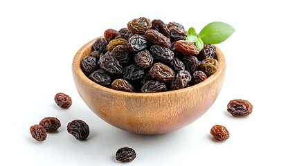 Fototapeta premium Flat lay of Raisins in wooden bowl isolated