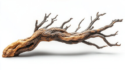 Magazine Photography Style of a forked tree branch, isolated on a white background, showcasing its natural beauty and complex structure.