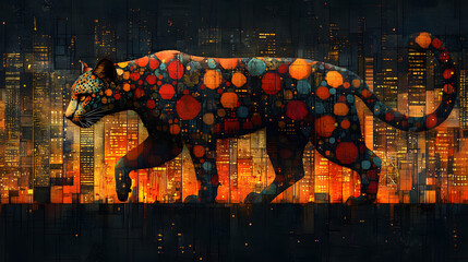 Colorful abstract jaguar walking through a vibrant cityscape at night with glowing lights