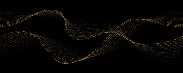 Abstract black background with seamless gold flowing dot particles, wave pattern or halftone gradient curve shape. Vector concept of futuristic technology, science, music, modern.