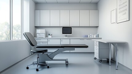 A modern medical examination room is bright and clean