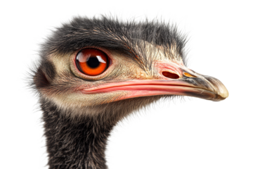 Emu head with orange eyes on transparent bg