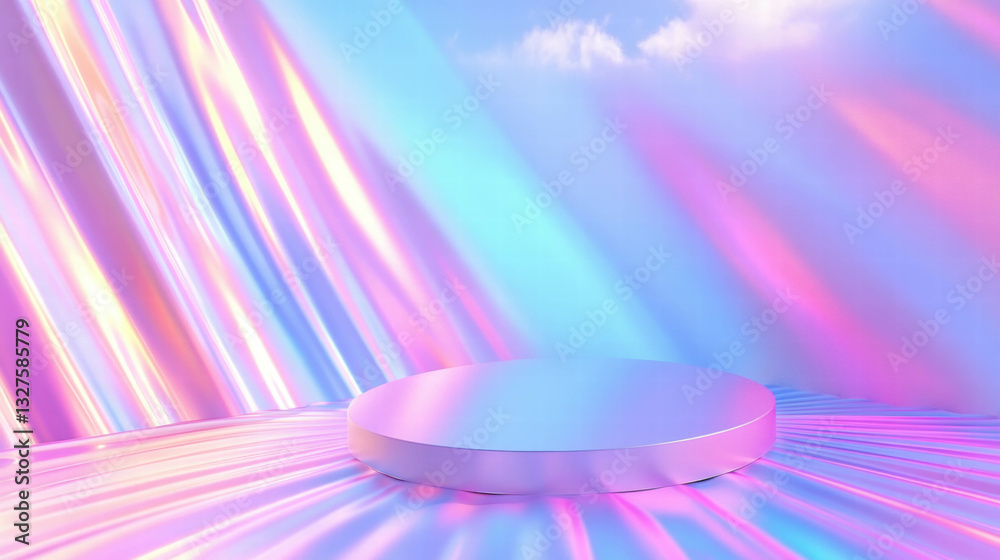 Poster futuristic abstract background with podium and iridescent waves for design and display