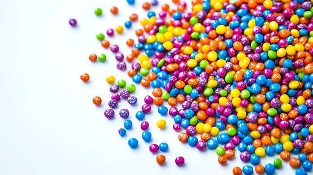 Rainbow colored candy nerds sprinkled on a white
