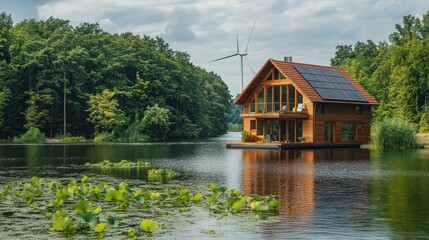 Obraz premium Eco-friendly floating house on a serene lake, nestled amidst lush greenery, with solar panels and a wind turbine.