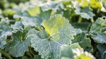 Frosted green leaves glimmering in the early morning sunlight