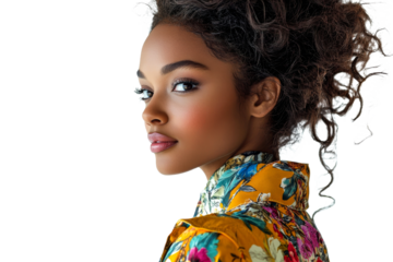 Young woman with curly hair in a floral outfit