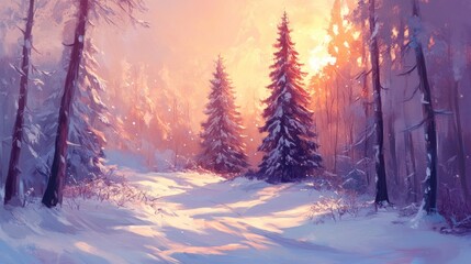 Serene Winter Sunset in a Snowy Forest