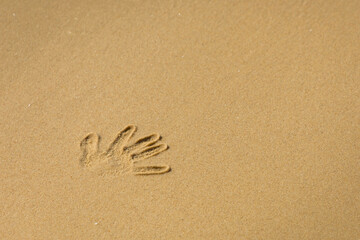 The imprint of a human hand on the beach sand