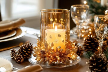 Glowing holiday candle centerpiece with golden decorations and pinecones on a festive dinner table
