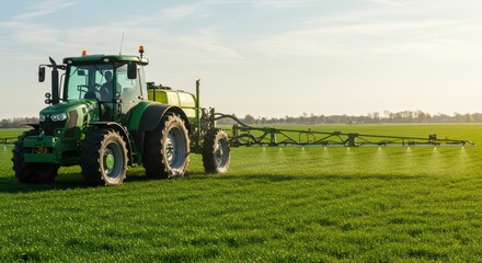 Fototapeta premium A modern tractor with a sprayer evenly processes a green field under the bright spring sun