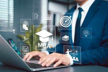 MBA Master of Business Administration Education concept. Businessman using laptop with icons MBA degree education, graduation cap, target, career growth, book, learning, goal setting, development,
