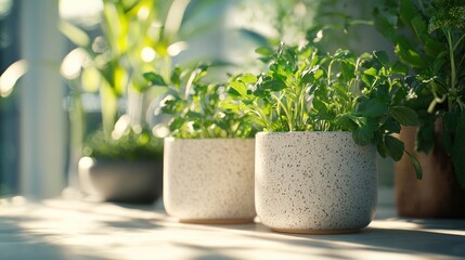 Fresh herbs in ceramic pots, sunlight on a windowsill.