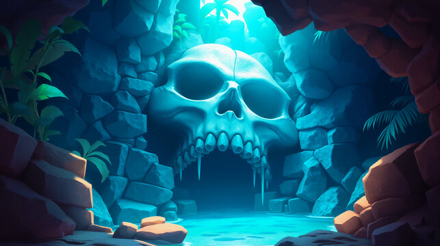 Skull island illustration. Skull cave entrance illustration. Treasure hunt background. Pirate cave. Pirate hideout. Gate to pirate cave. Pirate game background. Secret chamber. 
