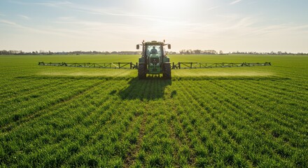 Obraz premium A modern tractor with a sprayer evenly processes a green field under the bright spring sun