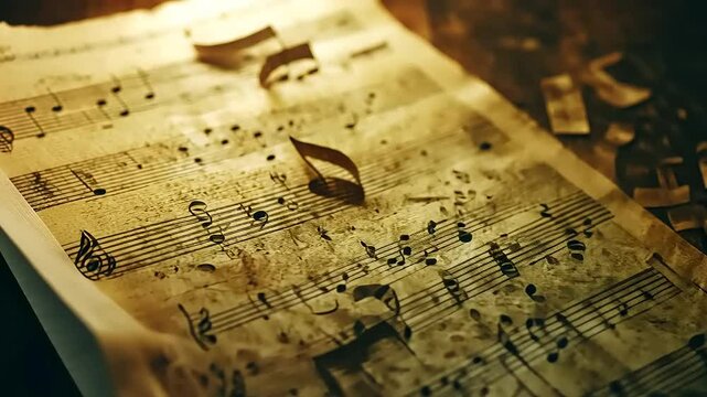 Closeup of an old music sheet with notes and paper resembling vintage currency and finance documents