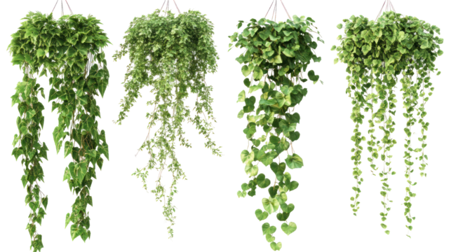 Four varieties of lush green hanging plants displayed in a bright, natural setting